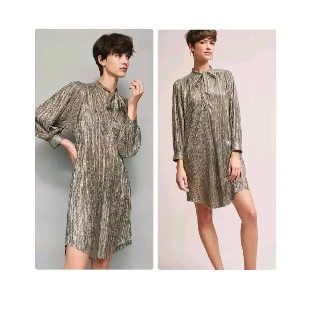 Sabina Musayev Anthropologie Shirt Dress Sz XS Eugine Gold Gray Accordian‎ Tie